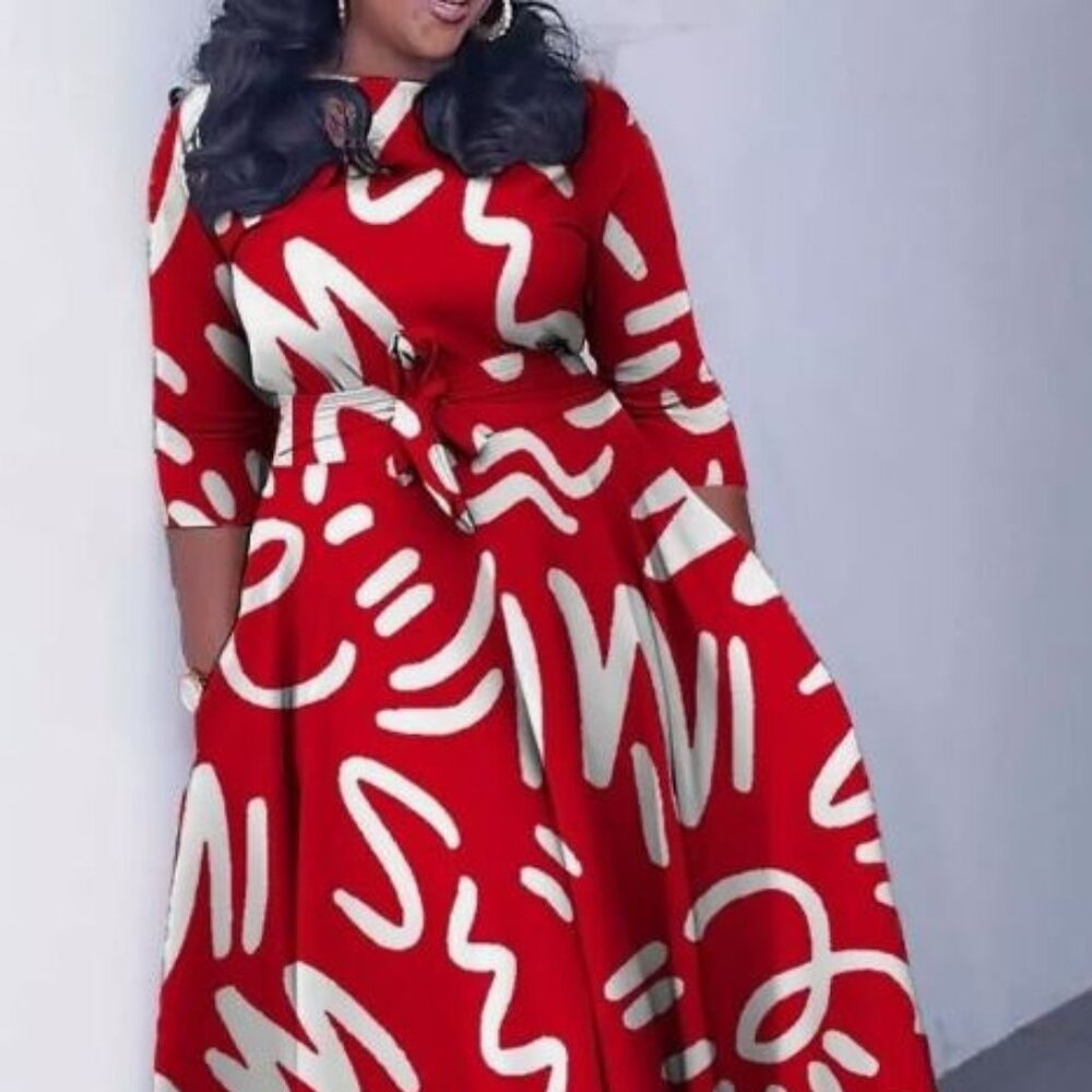 Maxi Dress Long Sleeve Abstract Print Casual Crew Neck Smocked Dress Size 2XL